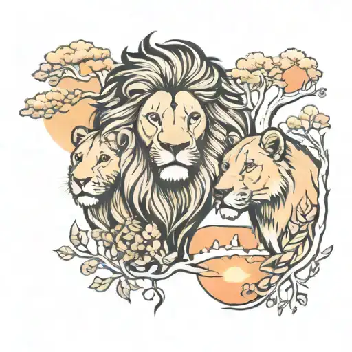 Male And Female Lion With Trees And Sunset