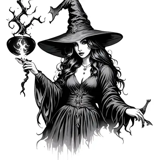 Neo Traditional Witch Casting A Spell Black And White