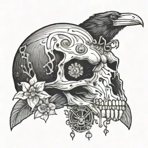 Raven Skull With Mushroom And Crystals