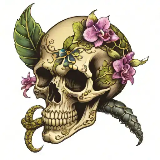 Snake Wrapped Round Skull With Orchids