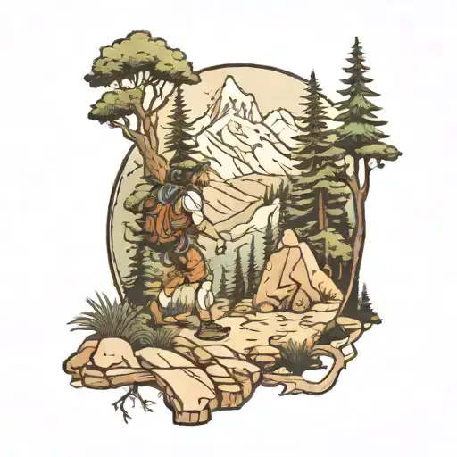 An Ancient Hiker Entering A Forest And Some Mountains In The Background