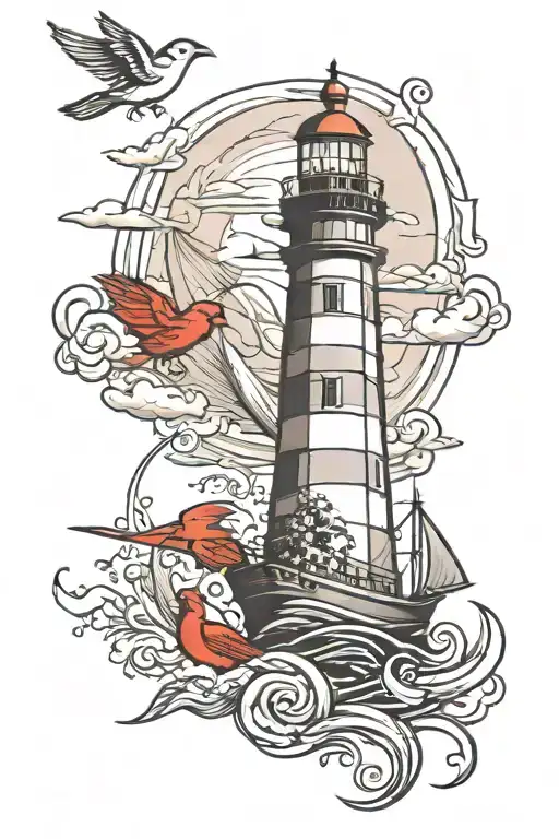 Lighthouse With Cardinal And Fishing Boat Sailing