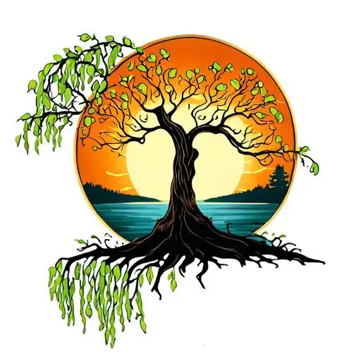 Willow Tree With A Sun Behind It