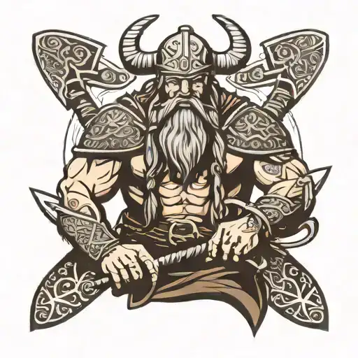 Tired Viking Warrior With Two Axes Crossed Beneath