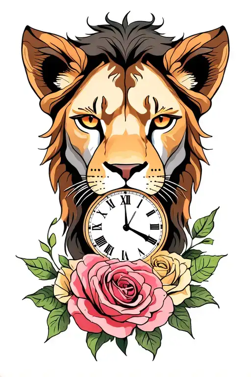 Lion Hazel Eyes With Roses And Clock