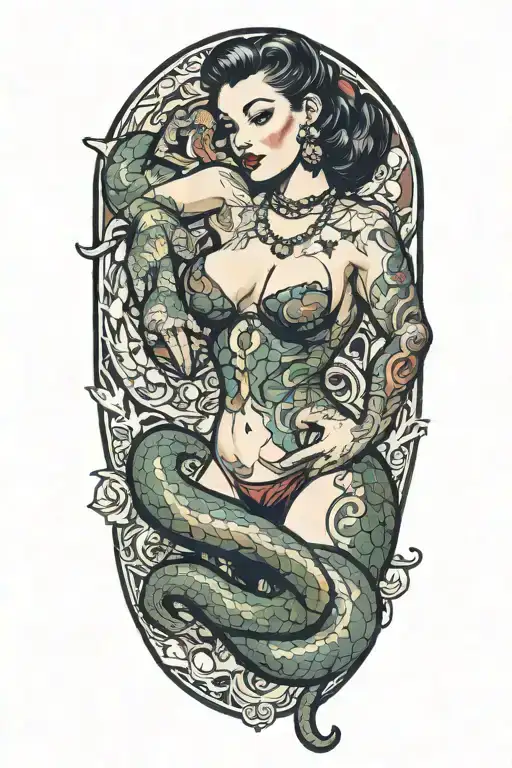 Pinup Girl With A Snake Curling Around Her Strategically Covering Her Eroginous Zones