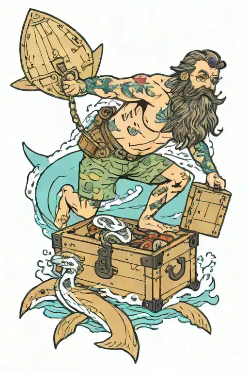 Bearded Selkie Man Above Locked Treasure Chest At The Bottom Of The Ocean With A Broken Surfboard