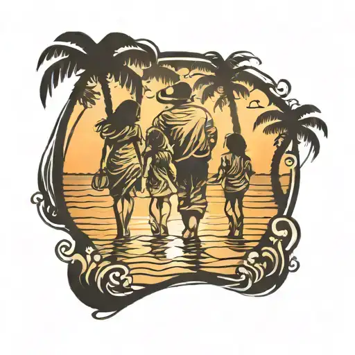 Shadow Of Family Of Four In Beach Sunset