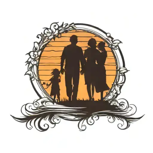 Shadow Of Family Of Four In Sunset