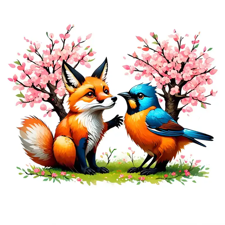 Fox And Bird Playing Together Under A Cherry Tree With Innishles Of Mjc