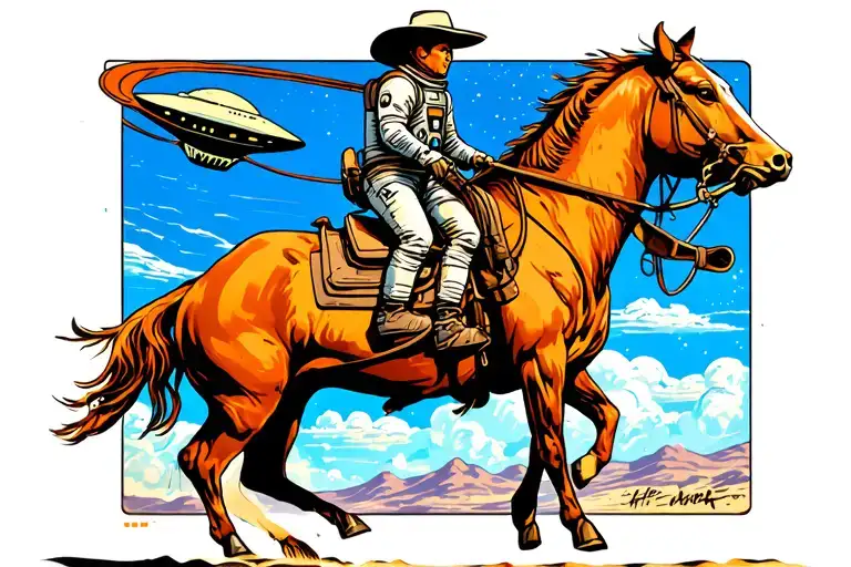 Astronaut Cowboy On A Horse Roping A Steer That's Being Abducted By Aliens