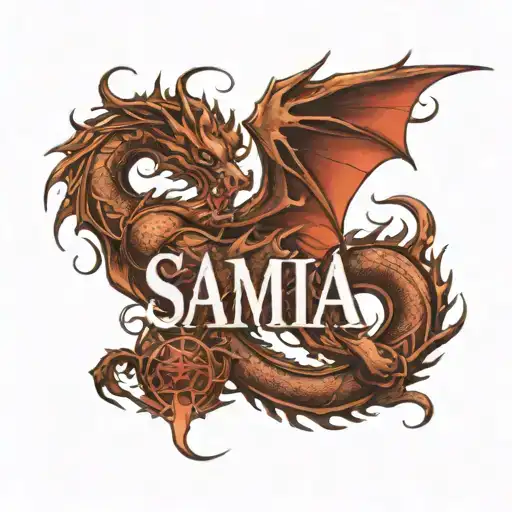 Writing The Name Samia Along With Dragon Designs For The Arm