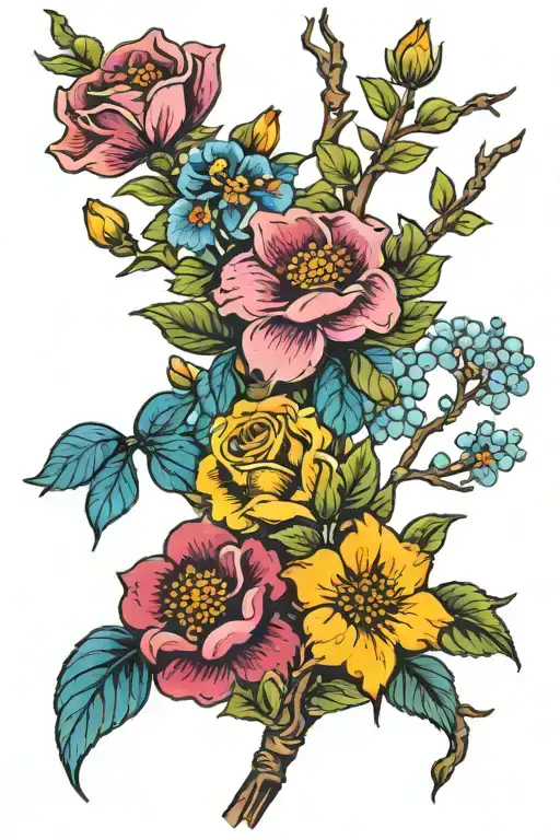 Five Colored Flowers With Tree Branch Representing A Different