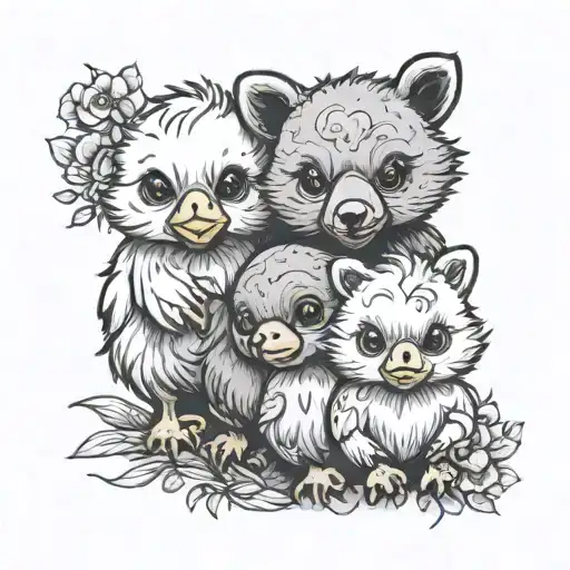 2 Baby Chicks And A Baby Bear Smiling