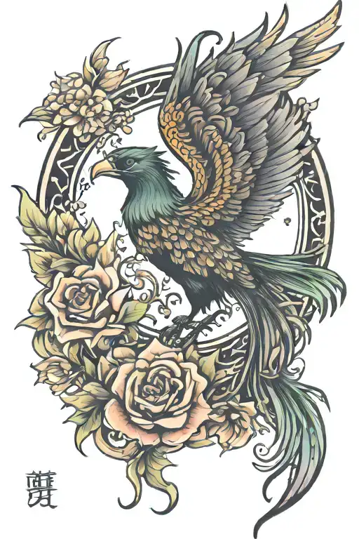 Phoenix Rising To The Moon Surrounded By Flowers