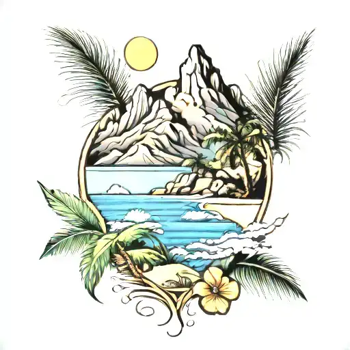 Mountains And Beach Scene With Palm