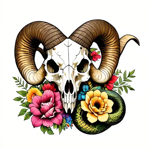 Generate A Tattoo Image Of Ram Skull And Snake And 13 Different Flowers