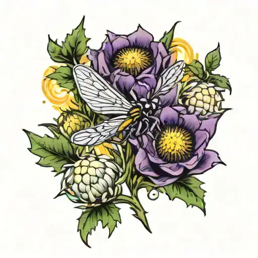 Scottish Thistle With Dragonfly Flying