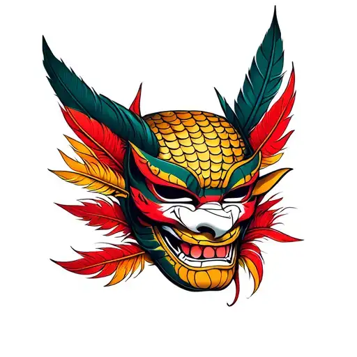 A Hannya Mask With Cobra Scales And Tribal Feather Accents