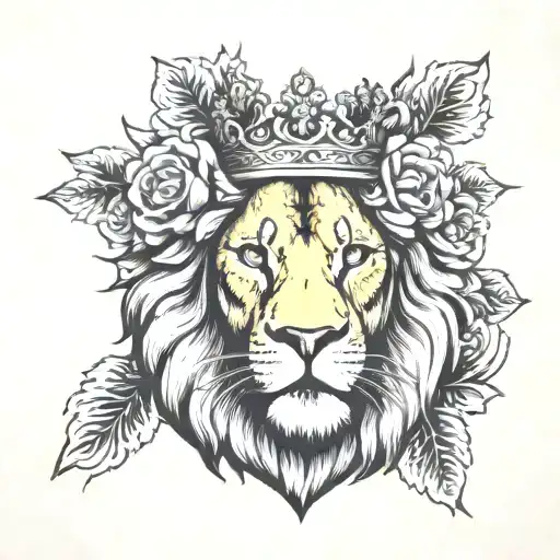 Lion Head Wearing Jesus Crown Surrounded By Bold Flowers