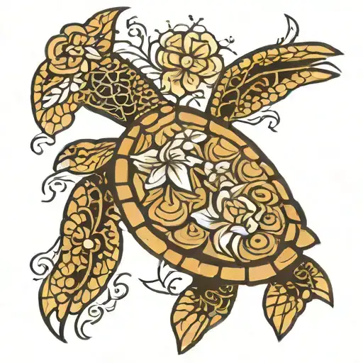 Tribal Sea Turtle With Flowers