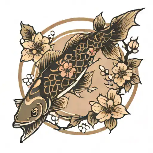 Cherry Blossom Tree Branch Circle With Fish Swimming