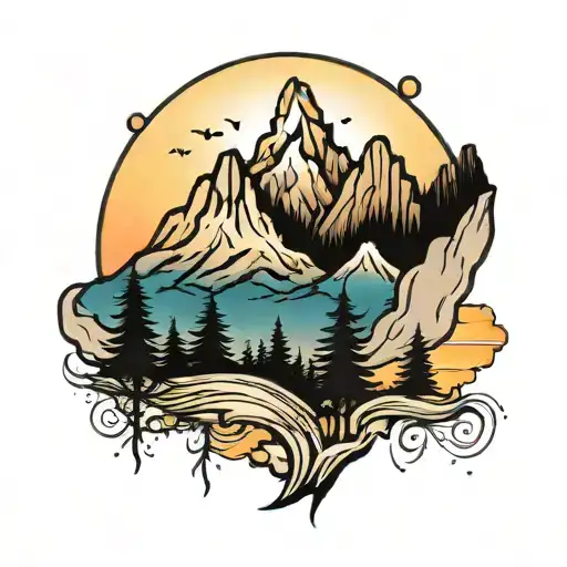 Mountain And Trees Colors Sunset