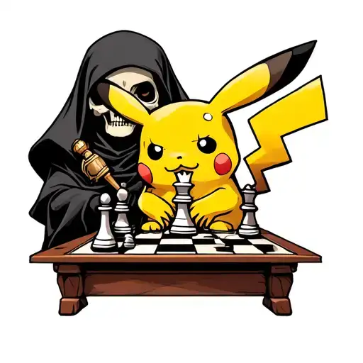 Pikachu Playing Chess Against The Grim Reaper