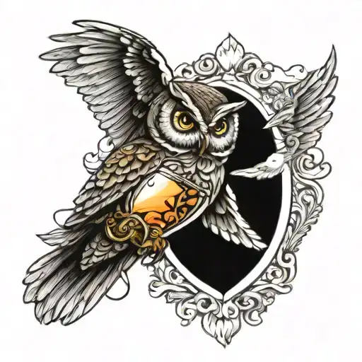 Owl Flying And Hour Glass Window