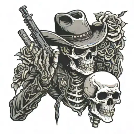 Skeleton Cowboy One Hand Has A Gun Other Hand Has A Rose