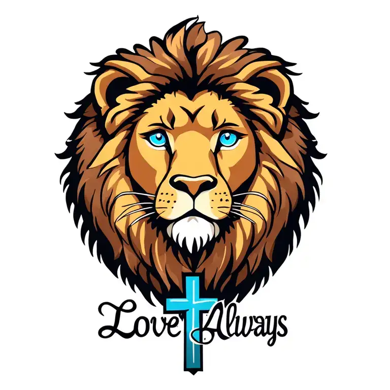 Lion With Blue Eyes And The Words Love Always And A Cross