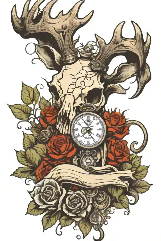 Deer Skull With Pocket Watch And Baby Feet