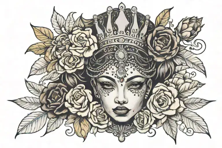 Black Queen With Flowers Around Face Surrounded