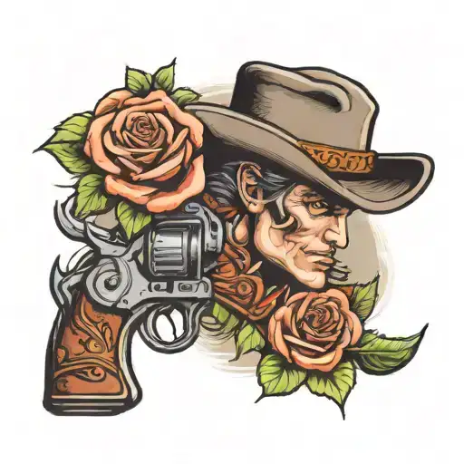 Cowboy With Smoking Revolver And Roses Intertwined