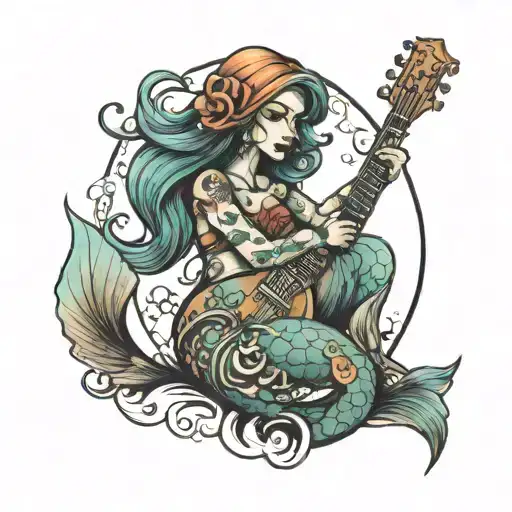 A Neotraditional Tattoo Of A Mermaid Playing A Guitar Under The Sea