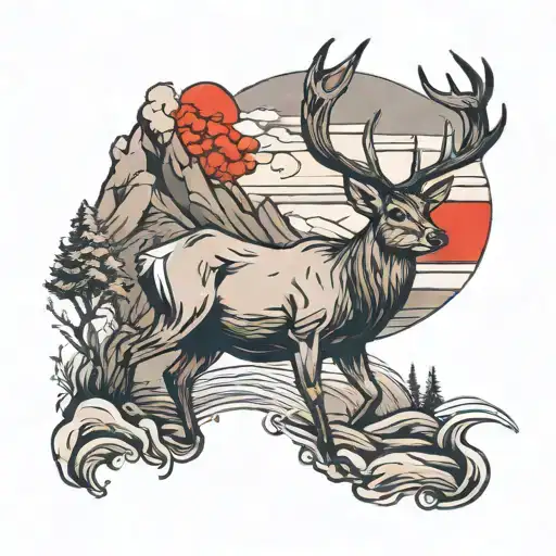 Deer Red Sun Moutain River Surrounded