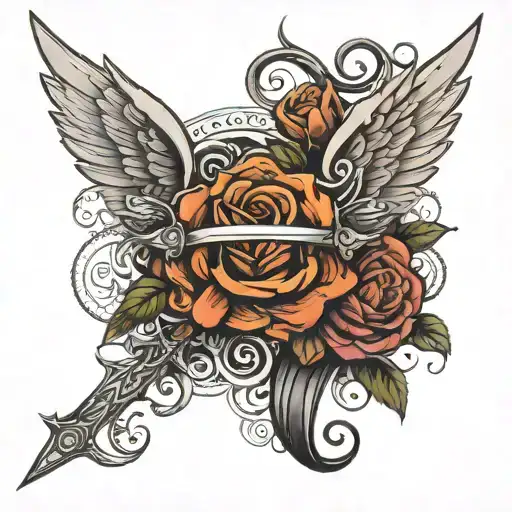 Sword And Angel Wing And Demon Wing With Rose Intertwined