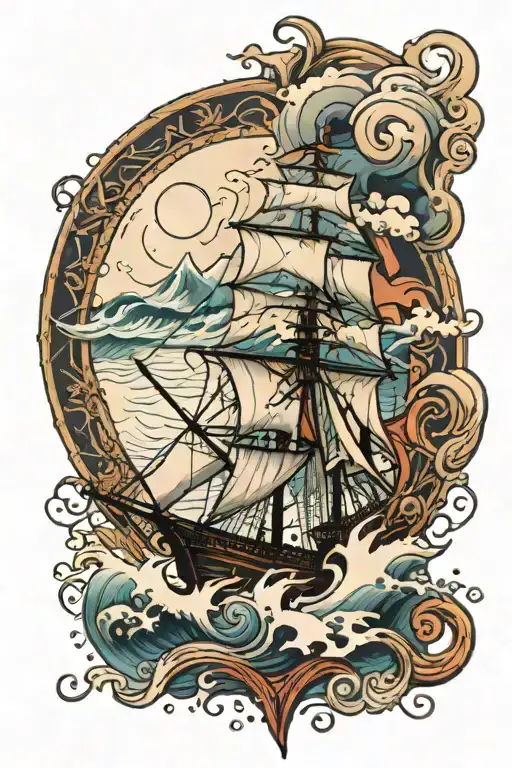 A Majestic Ship Sailing Through Stormy Waves With A Compass Rose In The Background