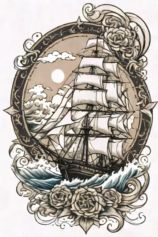 A Majestic Ship Sailing Through Stormy Waves With A Compass Rose In The Background