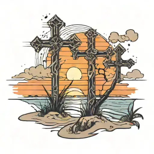 3 Crosses On A Beach In The Sunset