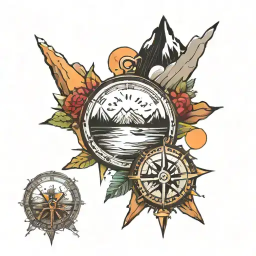 Compass With Mountain Scene Due North And Beach Scene Due South