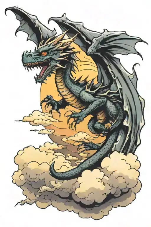 A Dragon Flying Through The Clouds To The Sun Setting