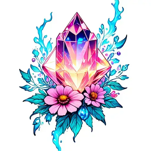 A Pink Crystal With Flowers And Glowing Blue Energy Floating