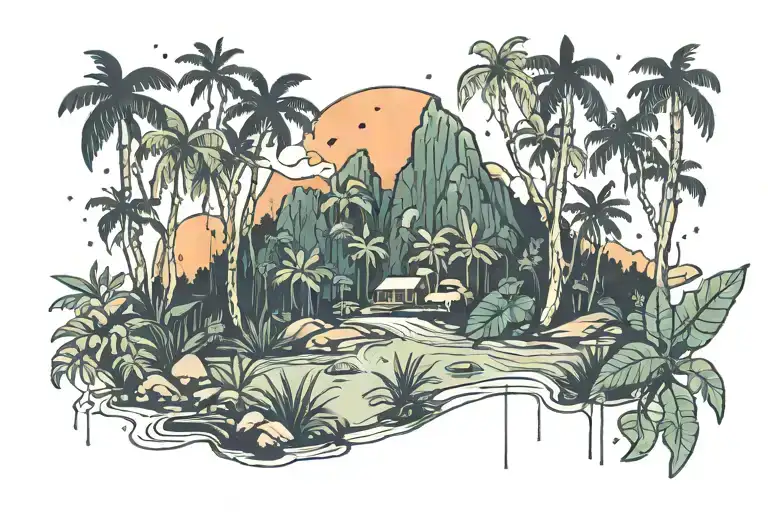 Landscape Minimal Rain Forest With Fire At Night