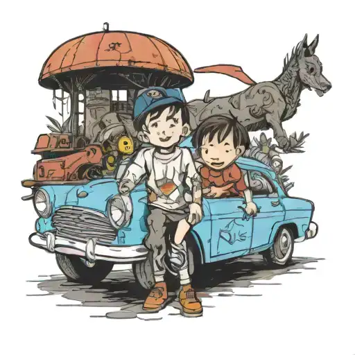 A Car And A Little Boy Representing A Wish From The Childhood