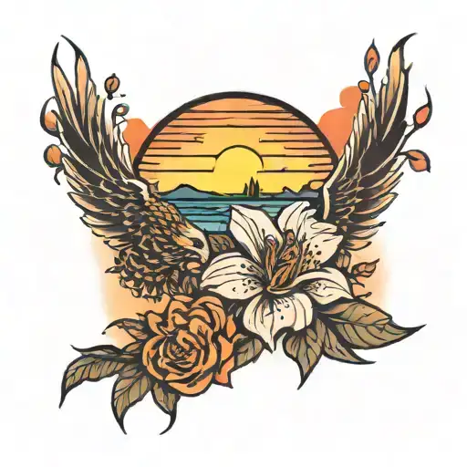 Flowers And Sunset Scene