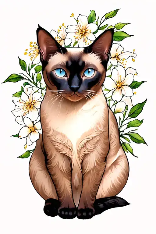Art Nouveau Siamese Cat With Honeysuckle Flowers