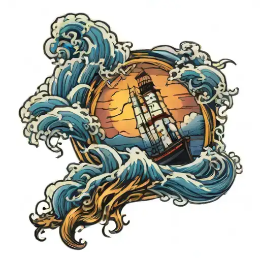 Boat On Rough Water With Lightning And A Lighthouse