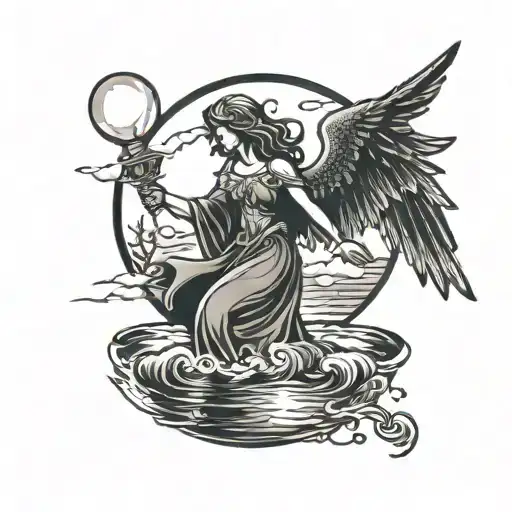 Tattoo Of A Dark Angel Hovering Behind A Light Angel Over A Lake In The Moon Light