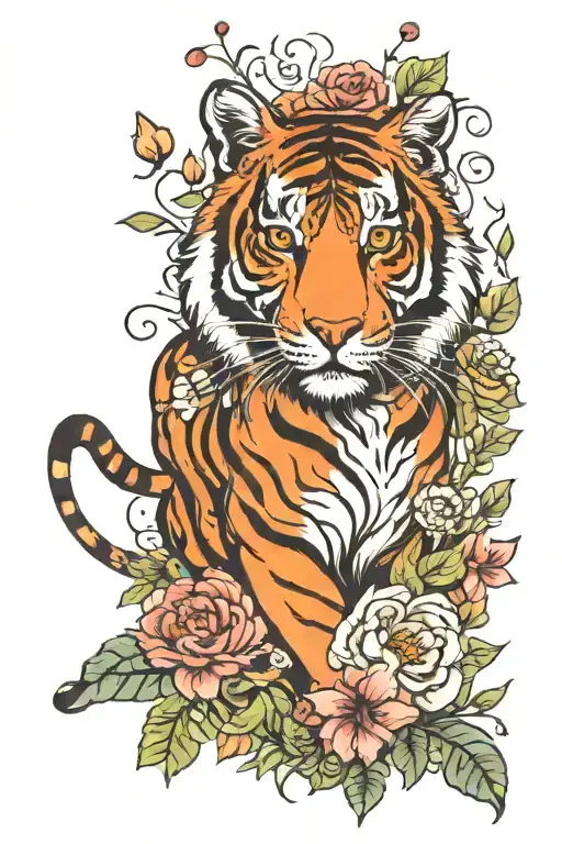 Old Grandma Stories Tiger Surrounded In Flowers And Leaves